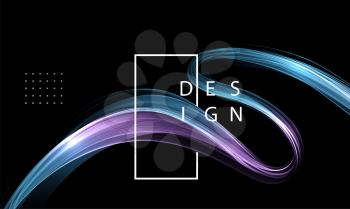 Abstract shiny color blue and purple wave design element on dark background.