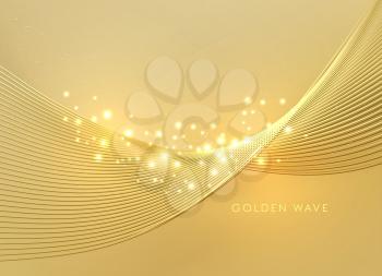 Abstract shiny color gold wave design element with glitter effect on golden background. Fashion sequins for voucher, website and advertising design