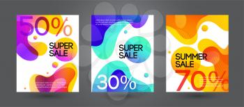 Moving colorful abstract background with text Super Sale 50, 70, 30 percent for promotion and discount design. Color liquid organic shape. Moving colorful abstract background. Dynamic Effect. Vector Illustration. Design Template for poster and cover.