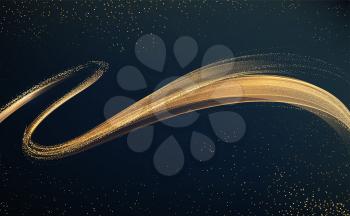 Abstract shiny color gold wave design element on dark background. Fashion motion flow for voucher, website and advertising. Golden silk ribbon for cosmetic gift voucher