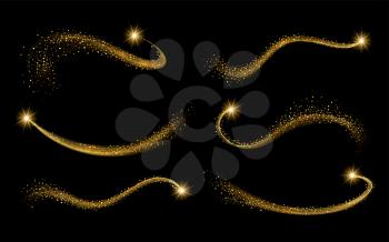 Set vector golden shimmering waves with light effect isolated on black background. Gold glittering star dust trail. Magic motion swirl lines.