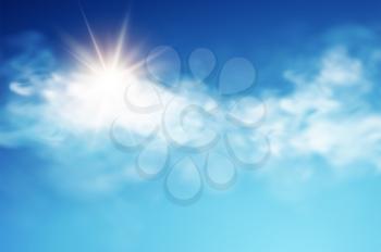 Realistic sky template with transparent cloud and sun ray. Blue background. Light effect. Realistic vector illustration.