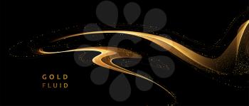 Abstract shiny color gold wave design element on dark background. Golden fluid line. Fashion flow lines for cosmetic gift voucher, website and advertising. Awarding ceremony luxury background with golden glitter sparkles. Vector design