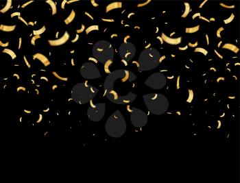 Vector illustration defocused gold confetti isolated on a black background. EPS 10. Vector abstract background with many falling tiny confetti pieces
