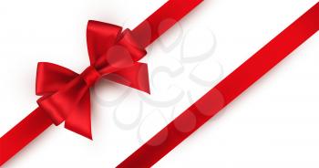 Shiny red satin ribbon on white background. Vector decoration for gift card and discount voucher.