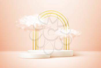 Product display podium decorated with realistic cloud and gold arch frame on pink pastel background. Vector illustration 3D effect