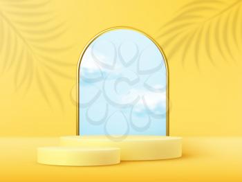 Product display podium decorated realistic cloud and gold arch frame wuth overlay palm leaves shadow on yellow pastel background. Vector illustration 3D effect