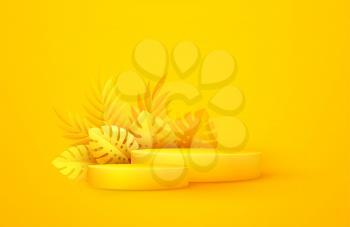 Minimal yellow scene with geometric shapes and palm leaves. Cylindrical podium on a yellow background. 3D monochrome stage for displaying a cosmetic product, showcase