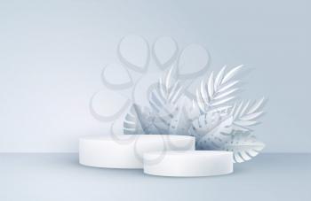 Minimal white scene with geometric shapes and palm leaves. Cylindrical podium on a yellow background. 3D monochrome stage for displaying a cosmetic product, showcase