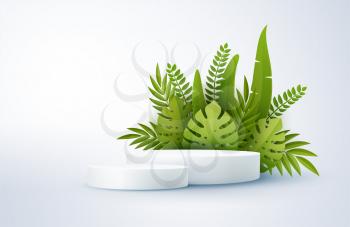 Minimal white scene with geometric shapes and green tropical palm leaves. Cylindrical podium on a yellow background. 3D monochrome stage for displaying a cosmetic product, showcase. Monstera and palm leaf
