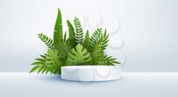 Minimal white scene with geometric shapes and green tropical palm leaves. Cylindrical podium on a yellow background. 3D monochrome stage for displaying a cosmetic product, showcase. Monstera and palm leaf