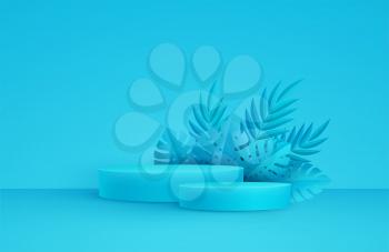 Minimal yellow scene with round platform and palm leaves. Cylindrical podium on a blue background. 3D monochrome stage for displaying a cosmetic product, showcase