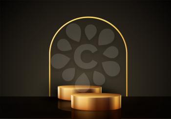 Minimal black scene with geometric shapes. Cylindrical gold and black podium on a black background. 3D stage for displaying a cosmetic product, showcase