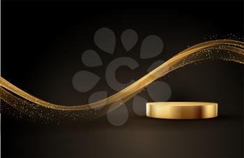 Minimal black scene with golden lines and glitter dust. Cylindrical gold podium on a black background. 3D stage for displaying a cosmetic product. Luxury background