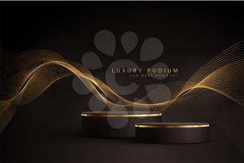 Minimal black scene with golden lines and glitter dust. Cylindrical gold and black podium on a black background. 3D stage for displaying a cosmetic product. Luxury background
