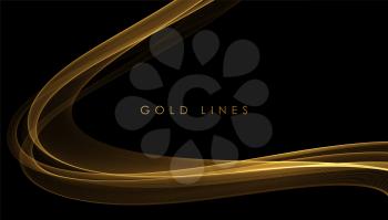 Abstract Gold smoke Waves. Shiny golden moving lines design element on dark background for gift, greeting card and disqount voucher. Vector Illustration