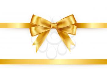Shiny satin ribbon on white background. Paper bow gold color. Vector decoration for gift card and discount voucher.