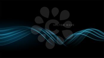 Abstract blue smoke Waves. Shiny moving lines design element on dark background for gift, greeting card and disqount voucher. Vector Illustration