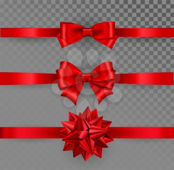 Collection Red Shiny satin ribbon on transparent background. Silk bow red color. Vector decoration for gift card and discount voucher.