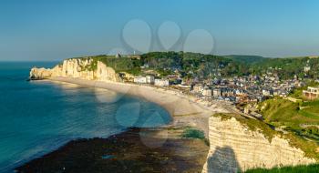 Panorama of Etretat, a tourist town in the Seine-Maritime department of France