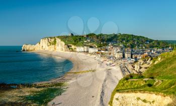 Panorama of Etretat, a tourist town in the Seine-Maritime department of France