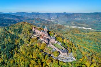 Aerial view of the Chateau du Haut-Koenigsbourg in the Vosges mountains. A major tourist attraction in Alsace, France