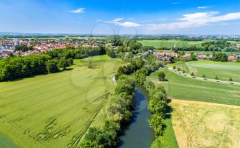 Aerial panorama of the Ill river between Fegersheim and Eschau near Strasbourg - Alsace, France