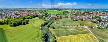 Aerial panorama of the Ill river between Fegersheim and Eschau near Strasbourg - Alsace, France