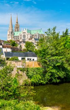 View of Chartres Cathedral above the Eure river. UNESCO world heritage in France