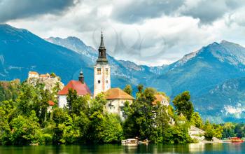 Church of the Assumption of Mary and Bled Castle on Bled Lake in Slovenia
