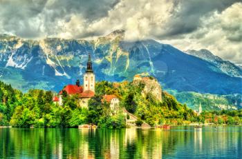 Church of the Assumption of Mary and Bled Castle on Bled Lake in Slovenia