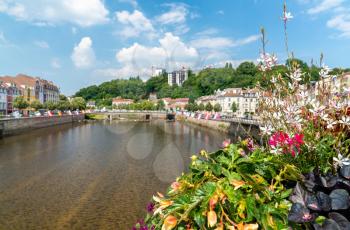 Flowers on a bridge across the Moselle River in Epinal, the Vosges department of France