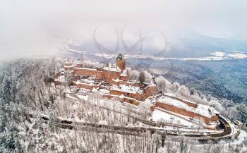 Winter view of the Chateau du Haut-Koenigsbourg in the Vosges mountains. A major tourist attraction in Alsace, France