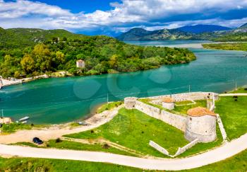 Aerial view of the Venetian Triangular Castle and the Vivari Channel at Butrint in Albania