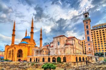 St. George Maronite Cathedral and the Mohammad Al-Amin Mosque in Beirut, the capital of Lebanon