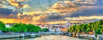 Sunset above the Saone river in Lyon - Auvergne-Rhone-Alpes, France
