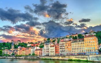 View of the riverside of the Saone in Lyon at sunset - Auvergne-Rhone-Alpes, France