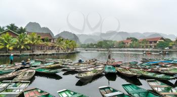 Rowboats in Tam Coc town at the Trang An Scenic Area, the Ninh Binh Province of Vietnam