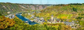 Panorama of Cochem with the Reichsburg Castle and the Moselle river. Rhineland-Palatinate, Germany