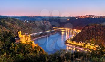 View of Katz Castle and the Middle Rhine Valley in the evening. Germany