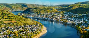 Aerial view of Filsen and Boppard towns with the Rhine river in Germany