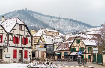 Traditional houses in Ribeauville, a town at the foot of the Vosges Mountains. Grand Est region of France