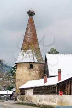 Tower in Ribeauville, a town at the foot of the Vosges Mountains. Grand Est region of France