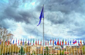 Flags of the member states at the headquarters of the Council of Europe in Strasbourg, France