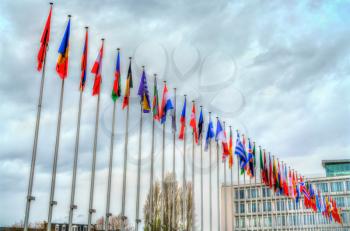 Flags of the member states at the headquarters of the Council of Europe in Strasbourg, France
