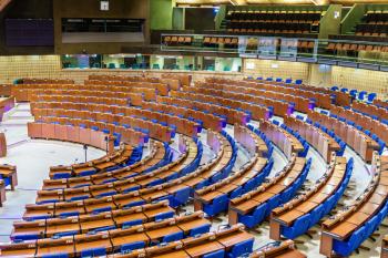 Strasbourg, France - April 13, 2018: the Hemicycle of the Parliamentary Assembly of the Council of Europe, PACE. The CoE is an organisation whose aim is to uphold human rights, democracy and the rule of law in Europe
