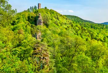 View of Scharfenberg Castle in the Palatinate Forest. Major tourist attraction in Rhineland-Palatinate State of Germany