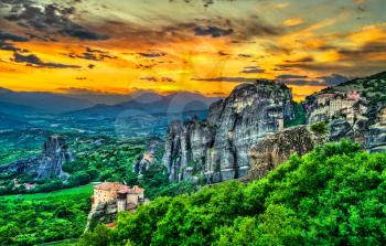 Sunset at the Meteora rock formation. UNESCO world heritage in Greece