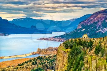 View of Vista House at Crown Point above the Columbia River Gorge in Oregon, United States
