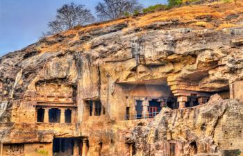 View of Buddhist monuments at Ellora Caves. A UNESCO world heritage site in Maharashtra, India.